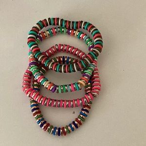 Different color, silver disks, clay bead bracelets